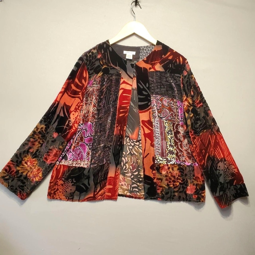 Patchwork Velvet Silk Burnout Jacket Womens Large Sheer Boho Artwear Whimsigoth